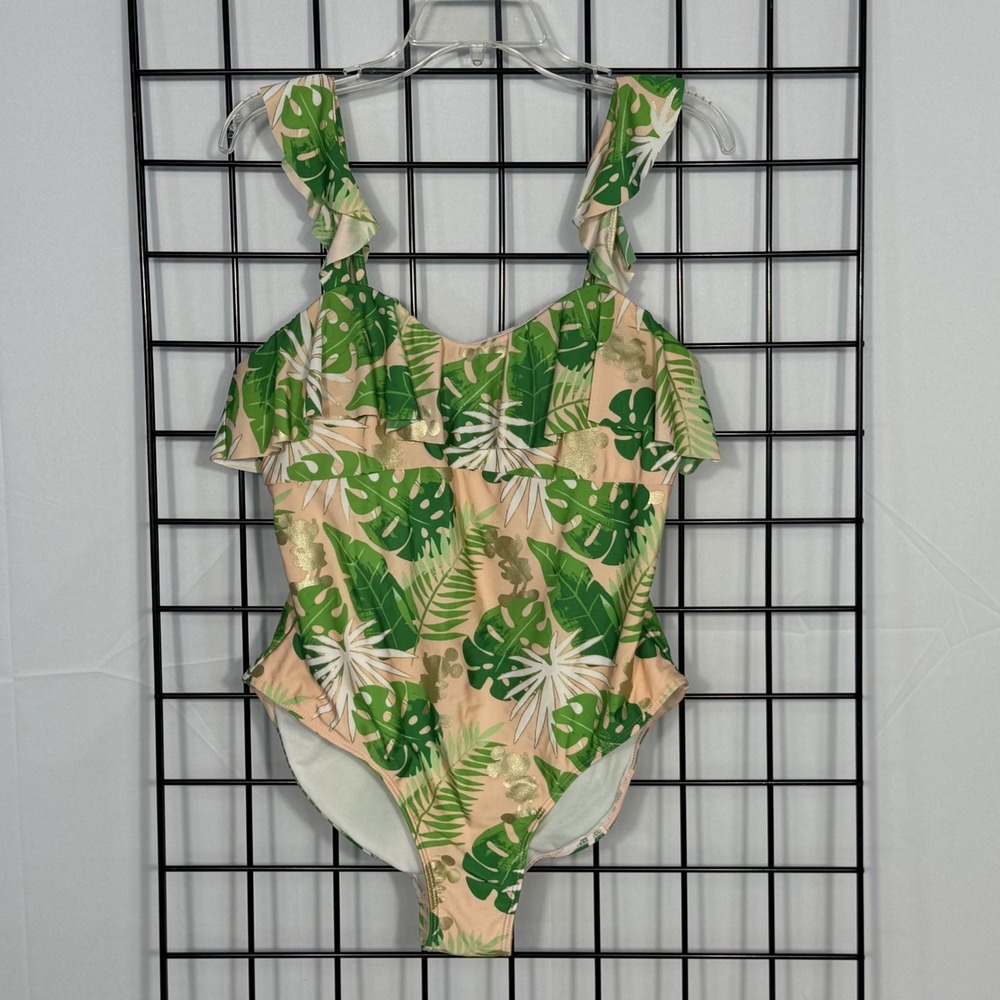 Disney Mickey Mouse Swimsuit Womens XL Pink Green Tropical Leaf Ruffle Full Back